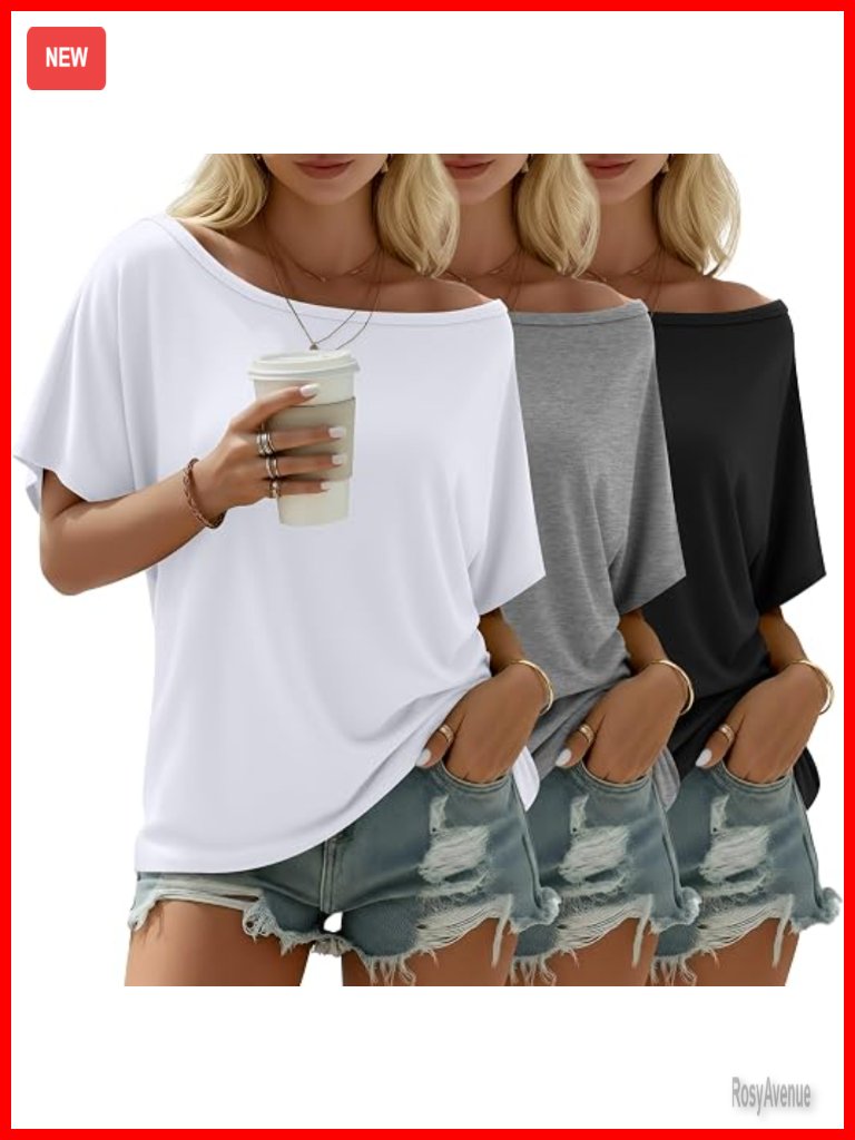 3 Pack Off Shoulder Tunic Tops Loose Fit Flowy Short Sleeve Casual Tshirt